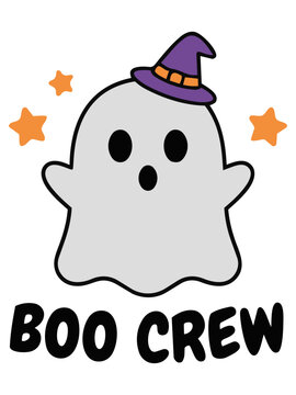 Cute Halloween Ghost Wearing Witch Hat Vector, Spooky Boo Crew Graphic Illustration, Friendly Ghost Sublimation Design
