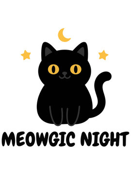 Cute black cat vector illustration, magic night kitten design, halloween kitty art poster text MEOWGIC NIGHT