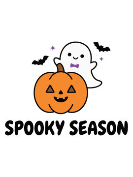 Cute Halloween Spooky Season Vector Illustration, Friendly Ghost and Pumpkin Jack-o-Lantern, Autumn Holiday Graphic Element