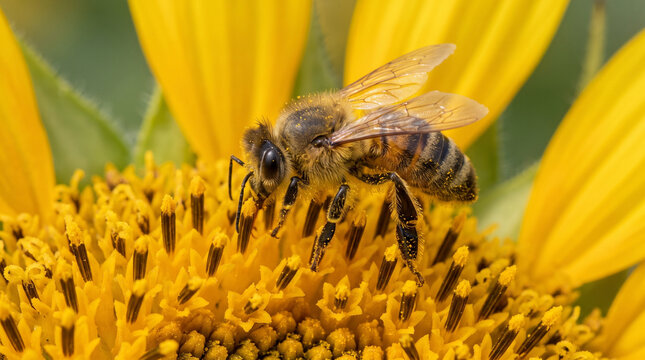 Close-up of a honey bee collecting nectar and pollen on a vibrant yellow sunflower in summer