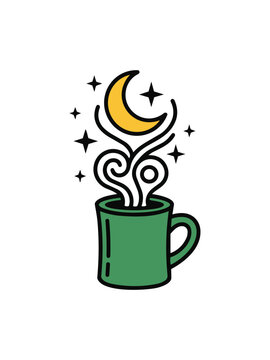 Mystical Coffee Mug Vector, Celestial Tea Cup Art, Magic Crescent Moon Steam Design isolated PNG with Transparent Background