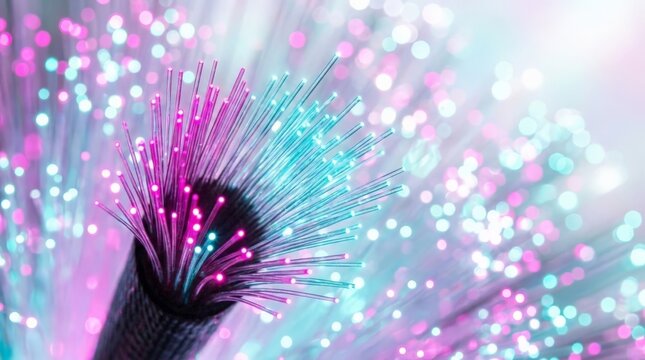 A bundled cluster of glowing magenta and cyan strands representing advanced fiber optic data transmission technology with luminous bokeh particles floating against a soft blurred background