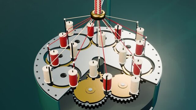 Braiding machine with bobbin carriers weaving round horn gears to braid red and cream yarn into a cord, loop