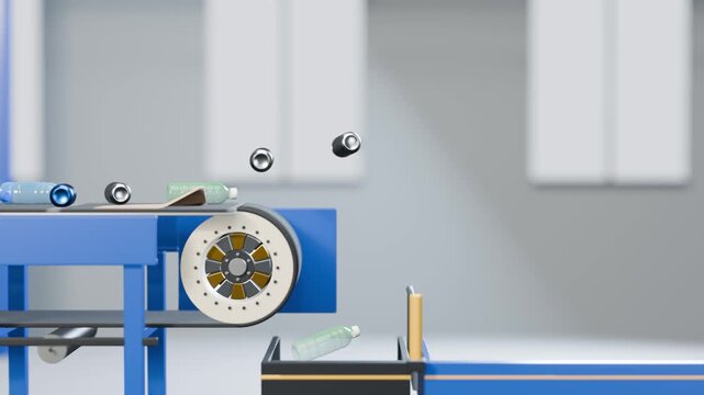 Eddy current separator flinging aluminium cans away from plastic bottles on a sorting belt, aluminum recycling loop