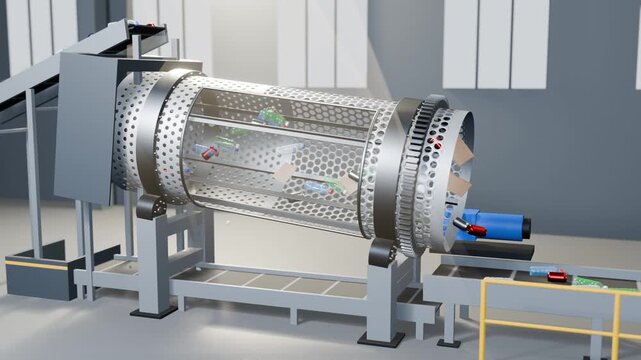 Trommel screen drum turning to sort mixed recyclables by size, bottles and cans tumbling inside, loop
