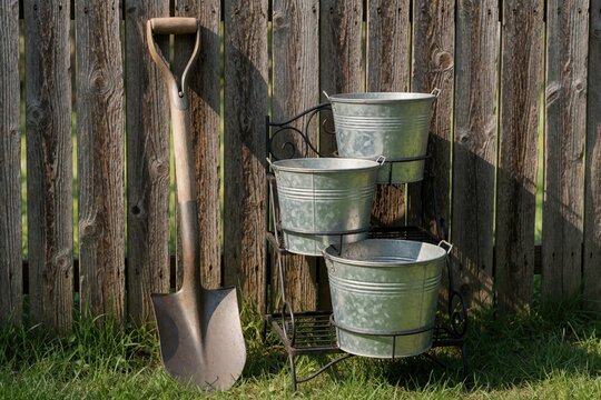 Metal shovel, three empty tin pots on black stand against wooden fence. Gardening tools ready for spring planting in backyard garden. Rusty spade, galvanized buckets for planting seeds flowers in