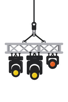 Concert stage lighting truss beam suspended by crane hook holding powerful theater spotlights for live event production shown in flat vector illustration isolated on plain white background
