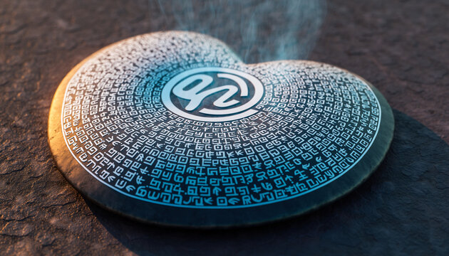 Close-up of a mysterious circular stone engraved with intricate symbols and a central emblem, illuminated by blue and amber light, evoking ancient mysteries, cryptography, and fantasy.