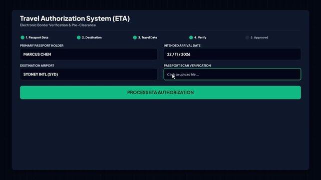 Travel authorization system approval. Electronic border verification web form. Passport scan data entry interface. Pre clearance workflow template. Government security niche