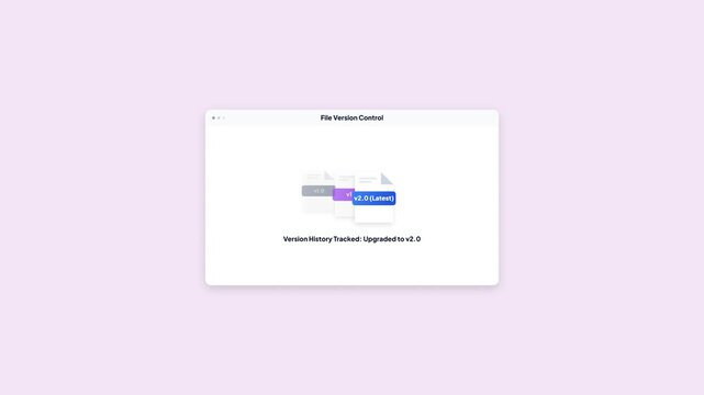 File version control upgrade notification. Document history tracking interface. Software update status popup window. Operating system design element. Clean layout. HD motion graphic