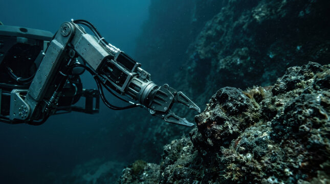 Underwater drone manipulator reaches toward rocky seabed. Remotely operated vehicle exploring the ocean floor. Marine robotics and subsea technology. Deep sea research and inspection.