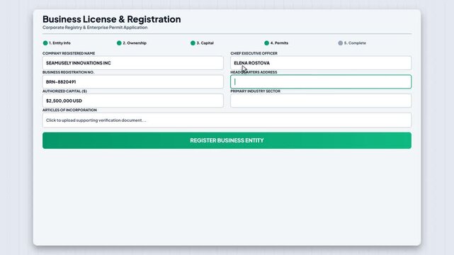 Business license and registration application. Corporate registry permit form submission. Online official document filing. Web UI dashboard template. Company legal registration. Professional service