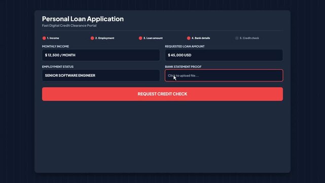 Personal loan application credit check portal. Interactive financial credit evaluation form. Modern banking web user interface. Digital loan approval system template. Financial technology mockup