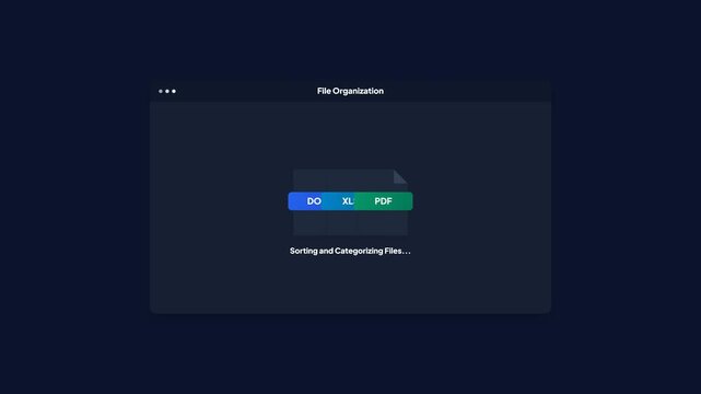 Animated file organization and sorting system. Document classification software interface mockup. Digital data sorting process animation. Workspace document management tool