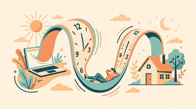 Flexible Work Schedule Concept Vector, Stretchy Clock with Laptop, Home, Sun and Moon