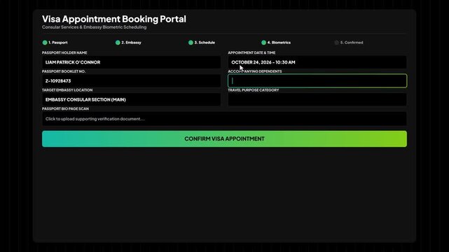 Visa appointment booking portal interface. Embassy consular service scheduling form. Travel application submission dashboard. Official document upload screen. Dark mode web layout