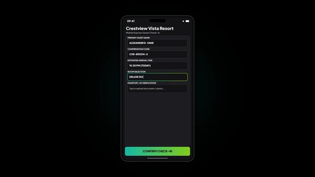 Mobile resort express check-in app screen. Hotel digital booking confirmation interface. Travel hospitality smartphone portal template. Guest check-in mobile layout. Dark mode application