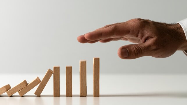 Hand stopping wooden block from falling to protect upright blocks concept of risk prevention and stability in business and personal growth