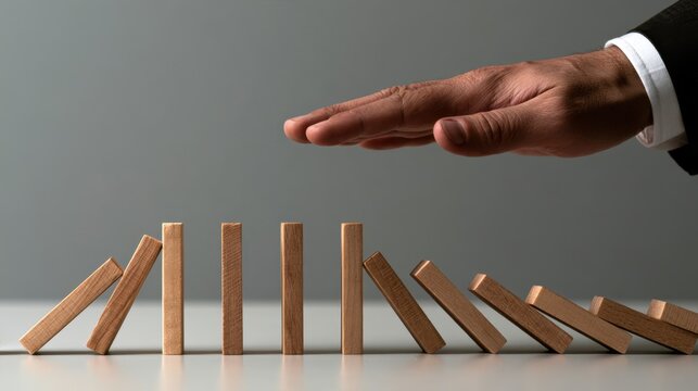 Businessman hand stopping domino effect wooden block falling chain reaction symbolizing control prevention and risk management in concept