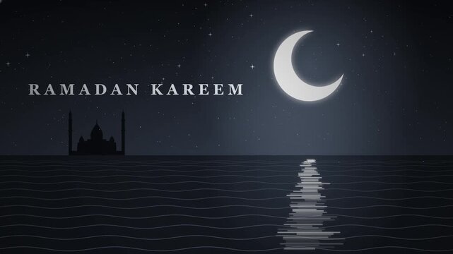 A serene crescent moon shines brightly in the night sky above a tranquil sea, with a silhouetted mosque reflecting on the rippling water's surface.