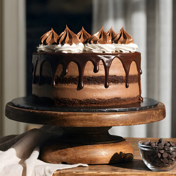 Decadent triple layer chocolate cake with ganache drip isolated on a