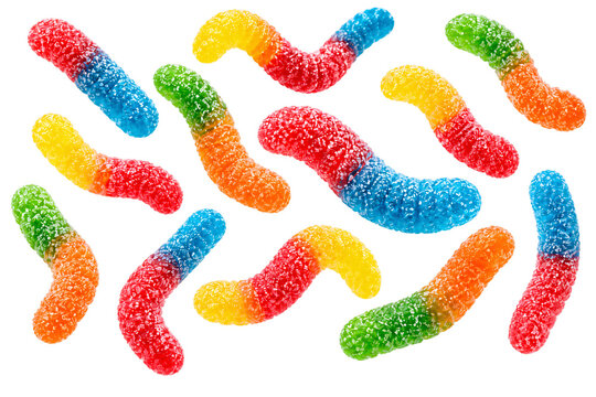 Colorful gummy worms with sugar coating with collection multicolored on transparent background