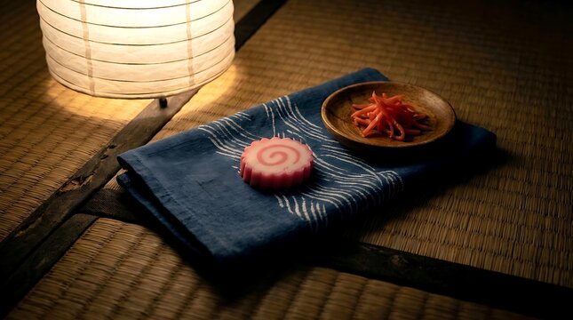a single narutomaki slice on a folded piece of indigo-dyed tenugui cotton cloth with a subtle white pattern, next to a wooden saucer of pickled red ginger 