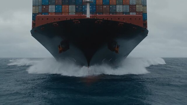 Aerial Low Angle View of Cargo Container Ship Navigating Open Ocean Waters
