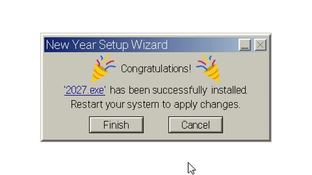 Vintage computer setup wizard displays a humorous successful installation message for the new year 2027 with festive party poppers and confirmation buttons.