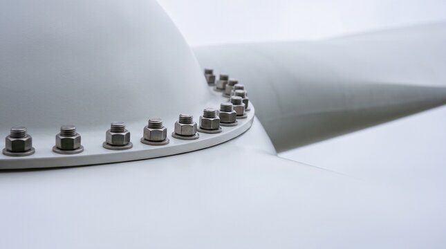 Close-up of bolts on a white wind turbine blade root