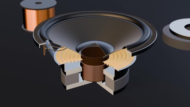 Speaker driver cutaway with the cone and copper voice coil pumping in the magnet gap to a bass line, loop