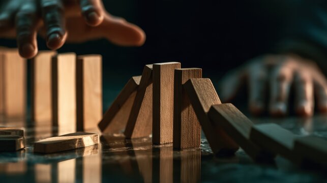 Close-up of hand stopping wooden block domino effect on reflective surface representing control, intervention, and prevention concept in dark background