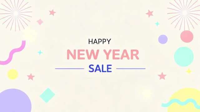 Animated Happy New Year Sale banner with colorful geometric shapes, stars, and fireworks. Great for festive holiday promotions.
