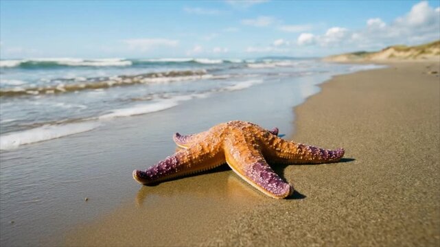 Starfish on sandy beach as waves wash ashore. Marine life and coastal habitat. Ocean shore, nature and wildlife. Seaside conservation concept.