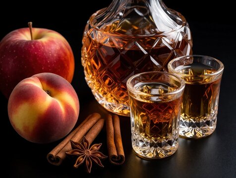 Peach apple liqueur in crystal decanter, shot glasses. Cinnamon sticks, star anise spices lie near ripe fruits on dark surface. Homemade fruit brandy, aromatic alcohol served in glass for tasting