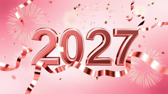 Animated reveal of the year 2027 in rose gold text with festive confetti, ribbons, and fireworks.