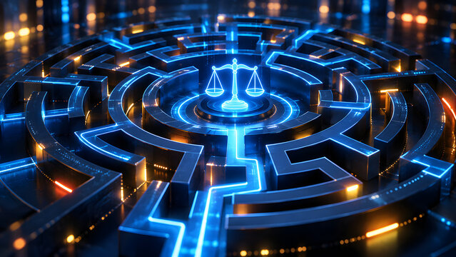 Complex legal system concept depicting glowing scales of justice at the center of a futuristic high tech digital maze