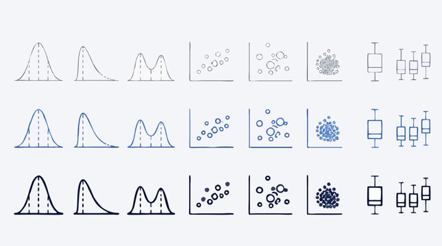 Rows of thin line plots in black, blue and navy showing bell curves, skewed and bimodal distributions, scatter clusters and box plots on a pale background, statistics and data analysis icon set