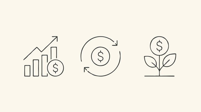 Three thin-line finance icons on cream showing a rising bar chart with a dollar coin, a dollar coin inside circular return arrows, and a dollar coin growing from a two-leaf plant, editable stroke set
