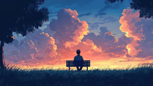 Anime character on bench, watching beautiful sunset with vibrant clouds over peaceful field. Peaceful.