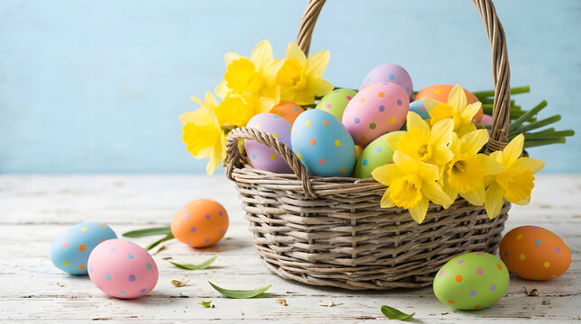 Woven easter basket filled with colorful polka dot eggs and yellow daffodils on wood table.