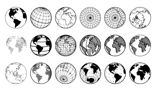 Black and White World Globe Vector Set with Continents, Latitude Longitude Grid and Multiple Hemisphere Views