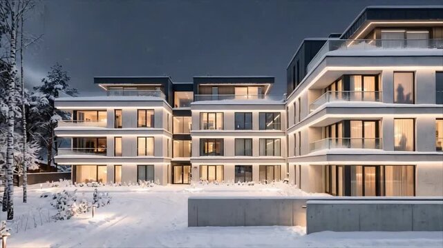 Modern apartment complex in a snowy winter landscape. Contemporary residential architecture. Luxury real estate and urban housing. Snow covered courtyard at dusk.