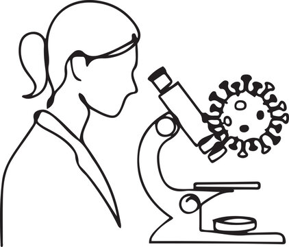 One continuous line drawing of female scientist researching antibiotic formula using microscope to find covid vaccine. Coronavirus medical research concept.one line vector icon