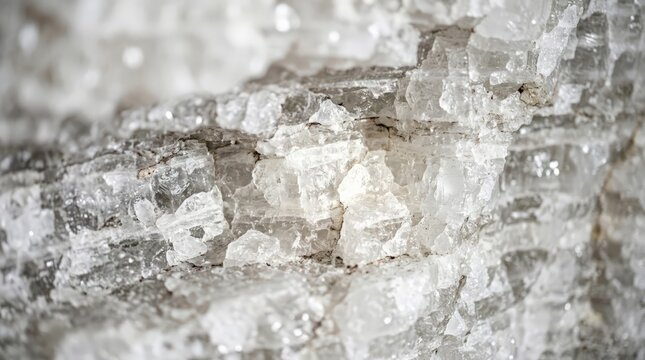 A close up view of layered natural salt crystals showing rough transparent textures and white mineral formations inside a subterranean cave formation, underscoring the minerals