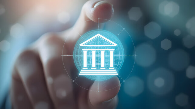 Digital Finance Touchpoint: A human finger touches a glowing blue icon representing a classical building, symbolizing a digital financial institution or bank, amidst a network of digital connections.