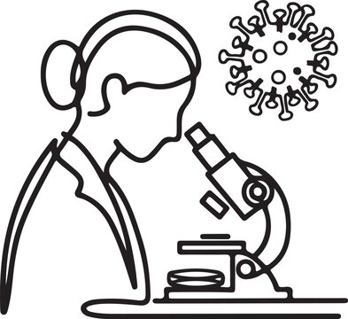 One continuous line drawing of female scientist researching antibiotic formula using microscope to find covid vaccine. Coronavirus medical research concept.one line vector icon