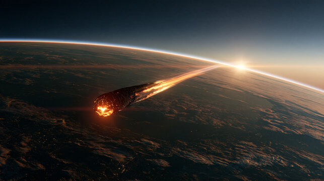 A blazing meteor enters Earth atmosphere above the horizon at sunrise. Cinematic science fiction concept for cosmic catastrophe or space exploration themes.