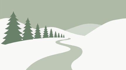 Fototapeta premium Pale snowy hills with a winding sage green path leading past a row of dark sage fir trees under a muted green sky, a minimal flat vector winter landscape