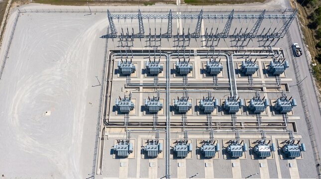 Aerial view of an electrical substation with transformers